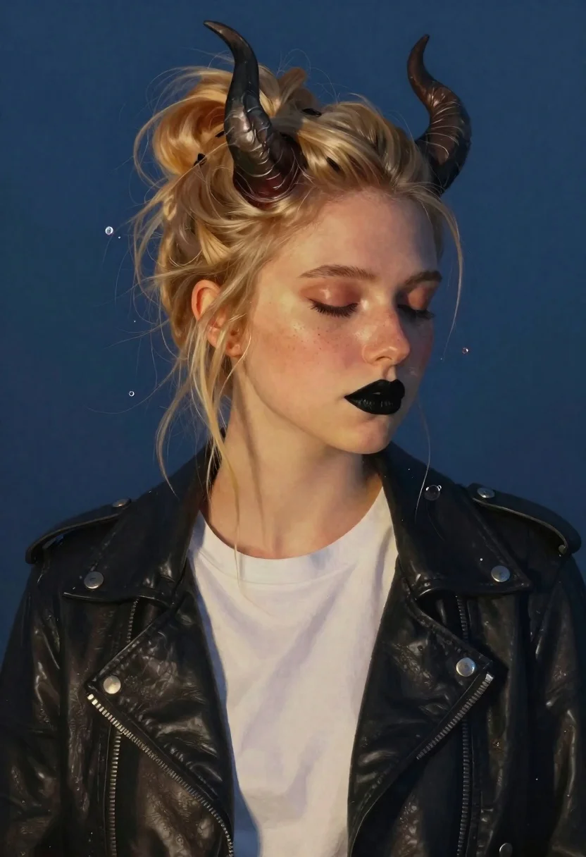 Portrait Young Woman With Closed Eyes And Black Lipstick Atmospheric reference photo