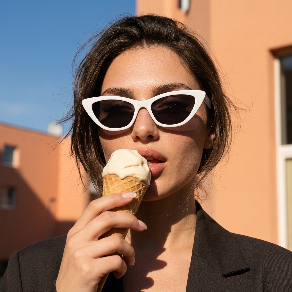 Eating Ice Cream Cat Eye Glasses Dark Jacket