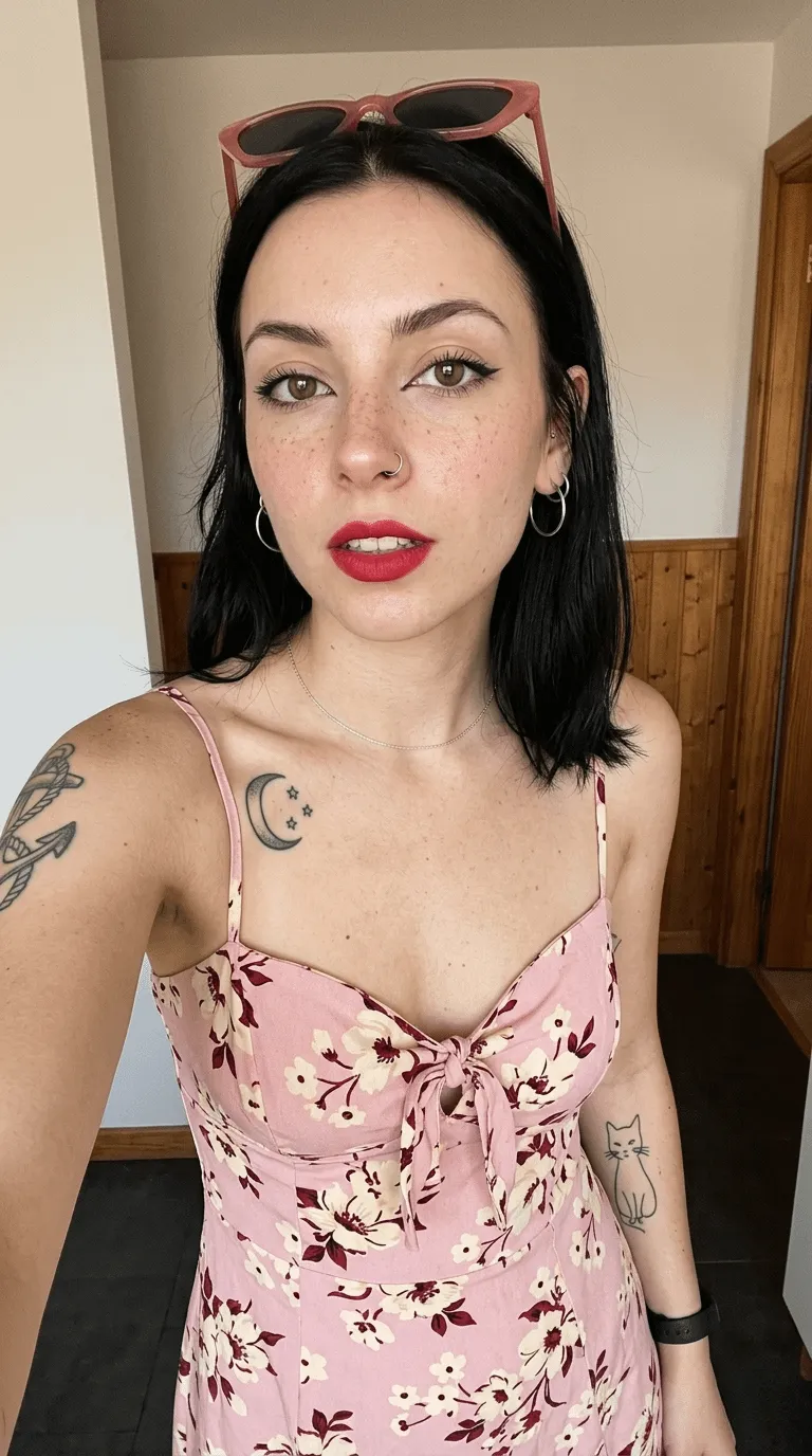 Freckled Woman High Angle Selfie Red Lipstick