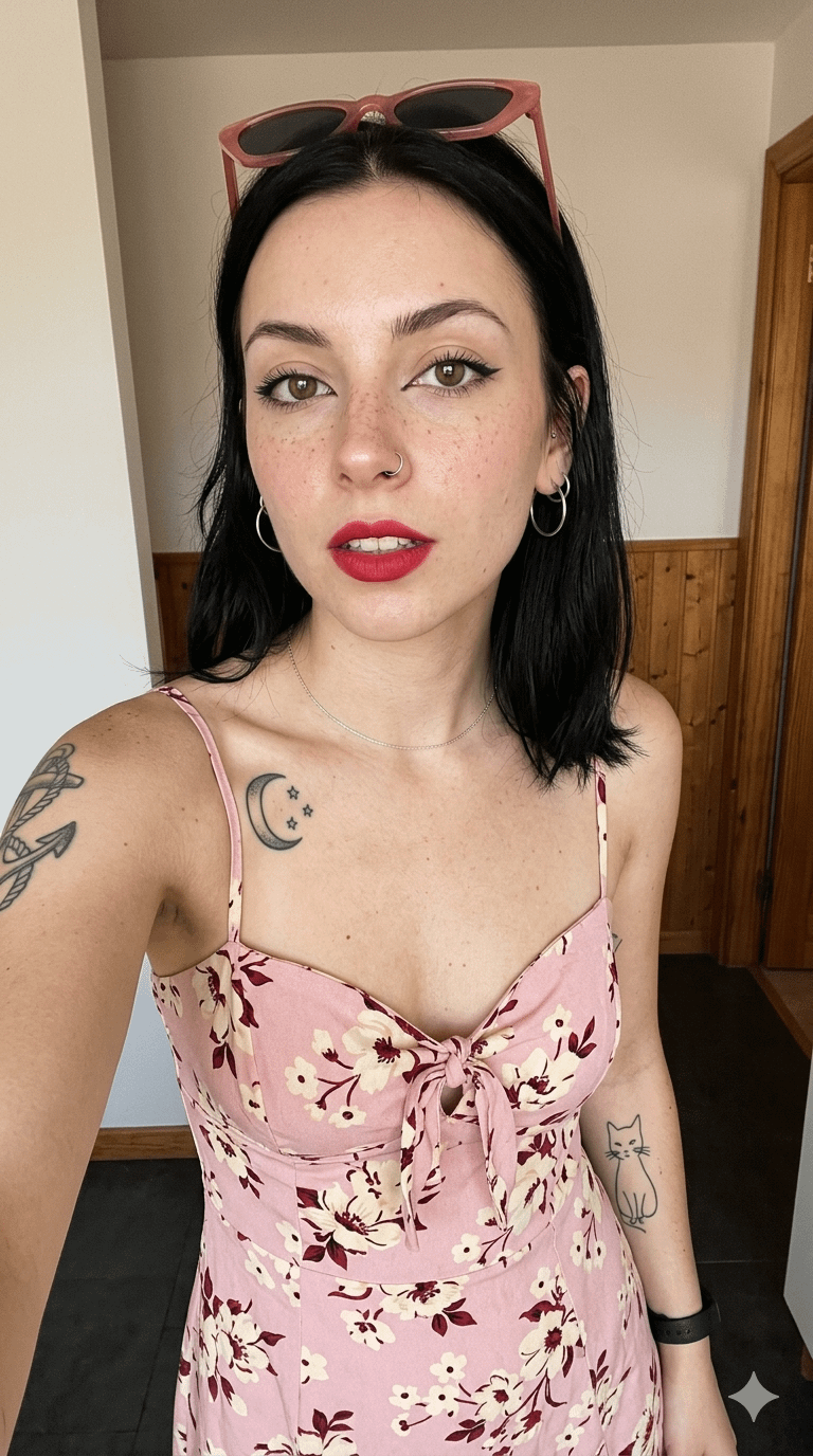 Freckled Woman High Angle Selfie Red Lipstick