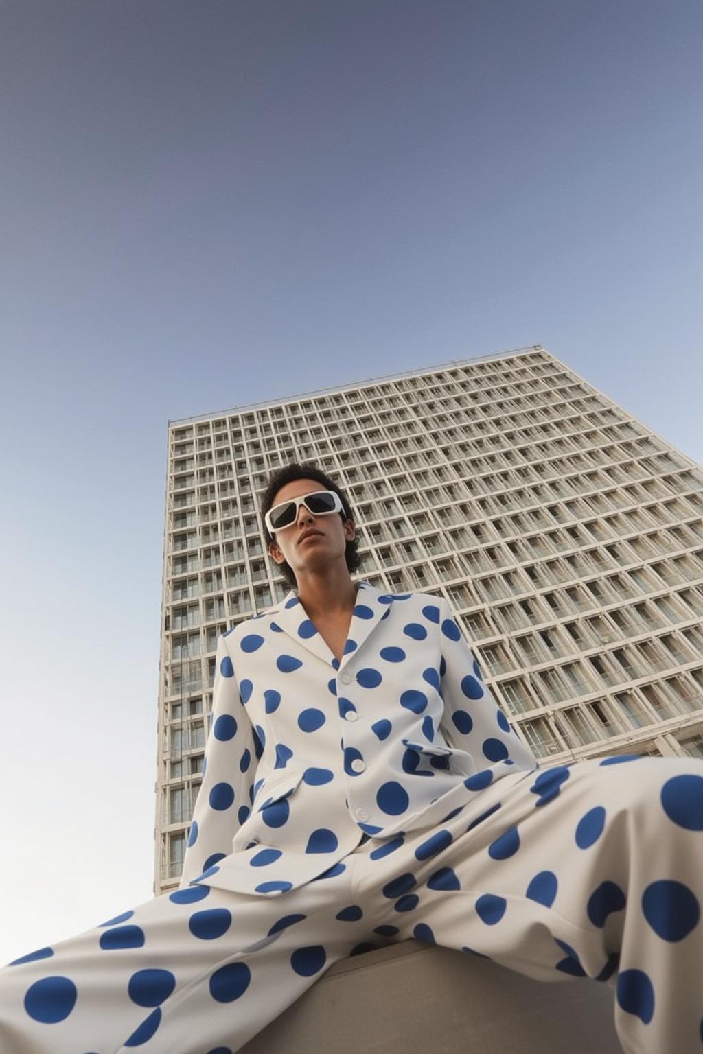 White Polka Dot Suit Urban Building