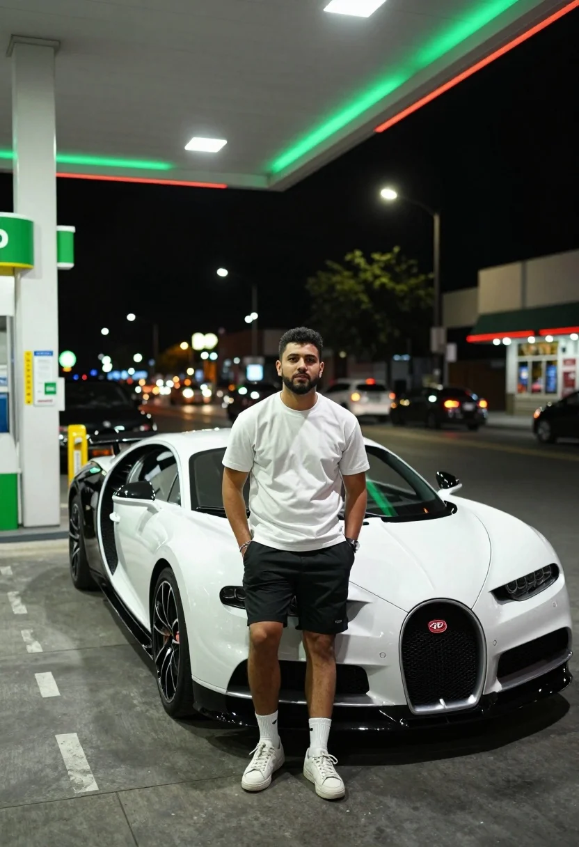 A man leans casually against a white Bugatti, illuminated by neon lights at a gas station.