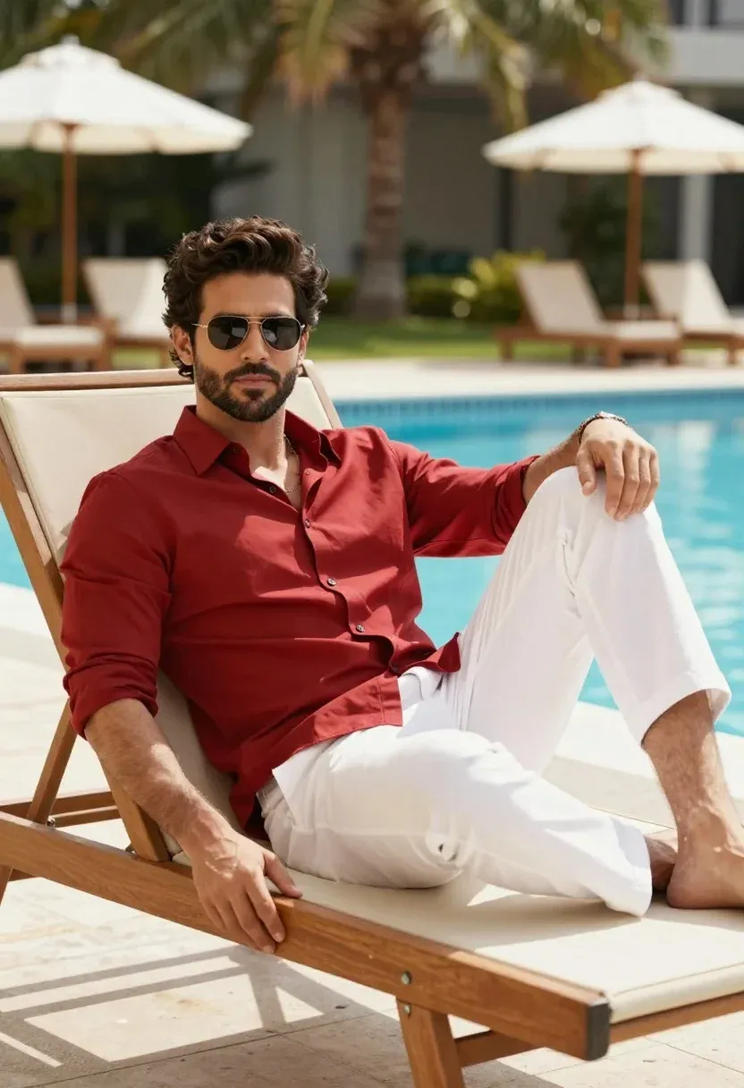 Handsome Man With Dark Hair And Beard Relaxes Wooden Lounge