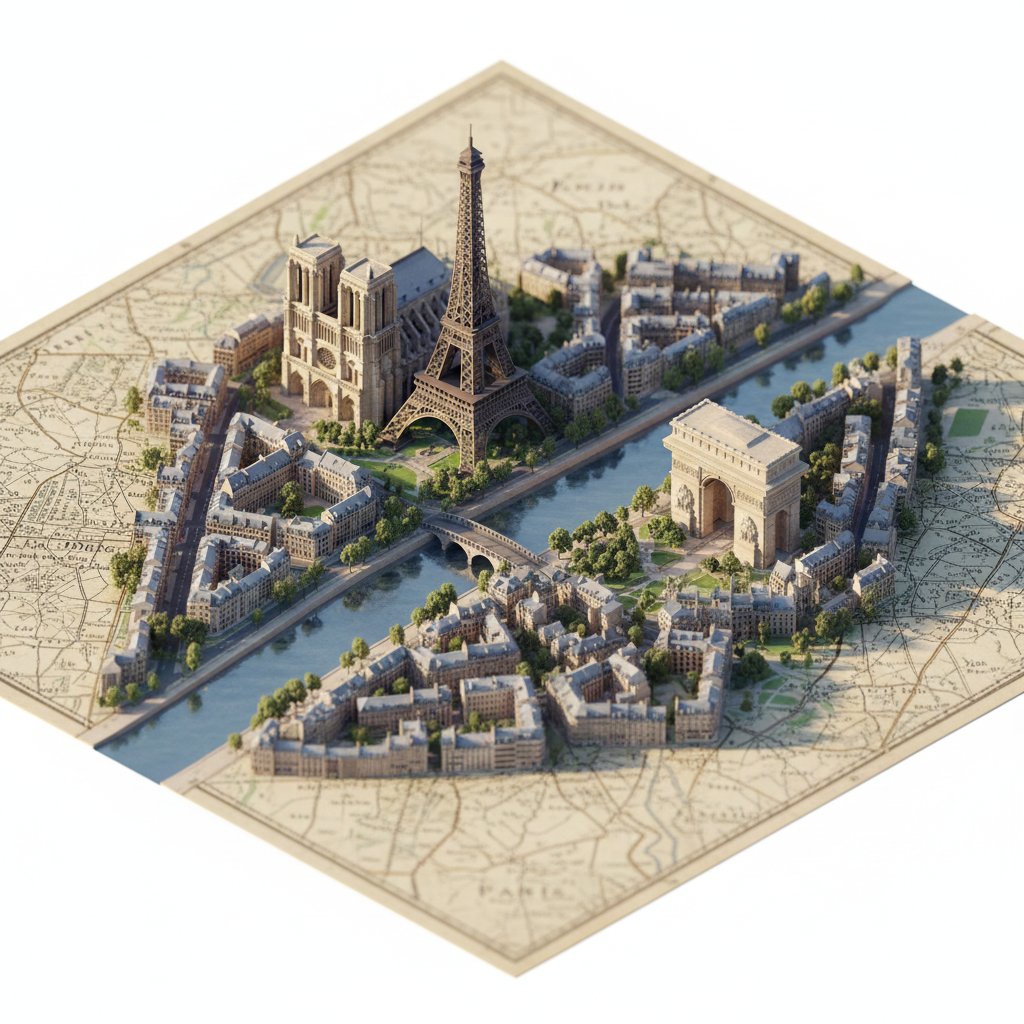 Photorealistic miniature isometric city map on vintage textured paper, showcasing detailed landmarks and soft cinematic lighting.