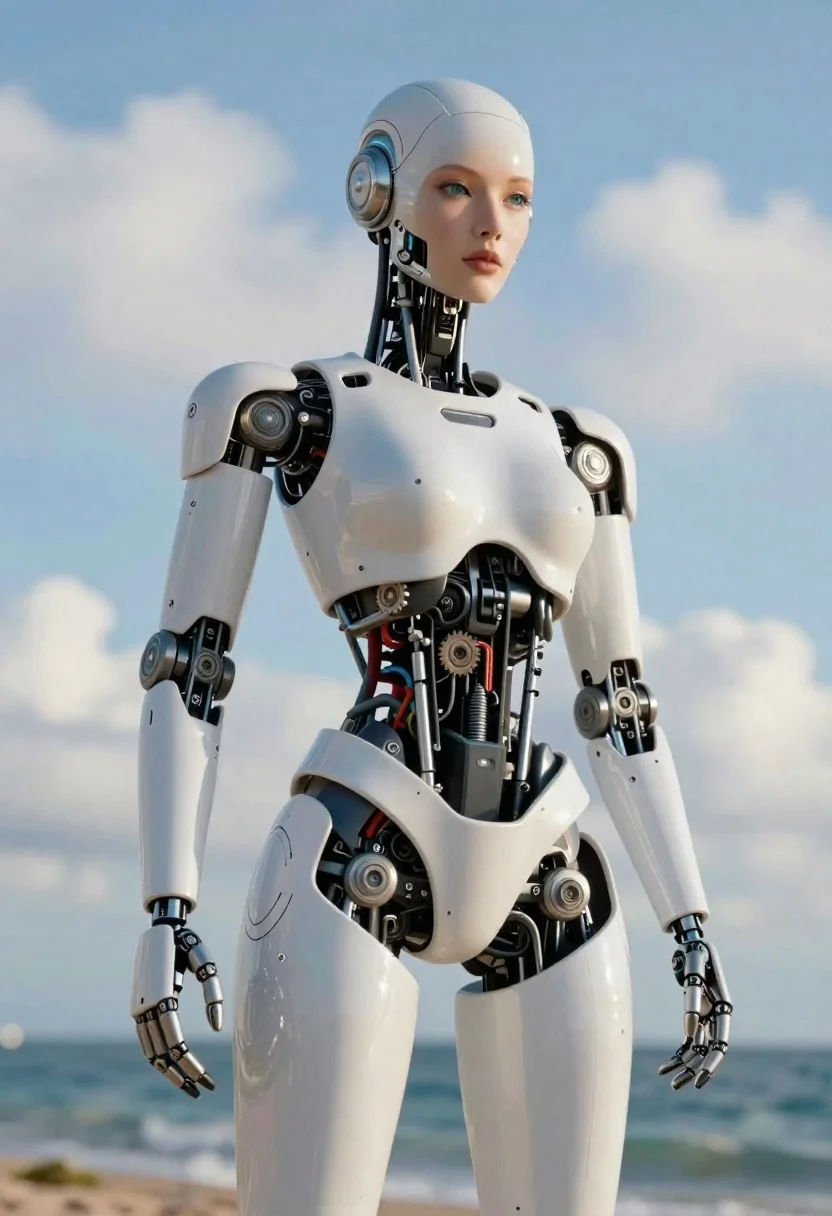 Photorealistic Low-angle Portrait Humanoid Robot Standing Against Bright Coastal Backdrop reference photo