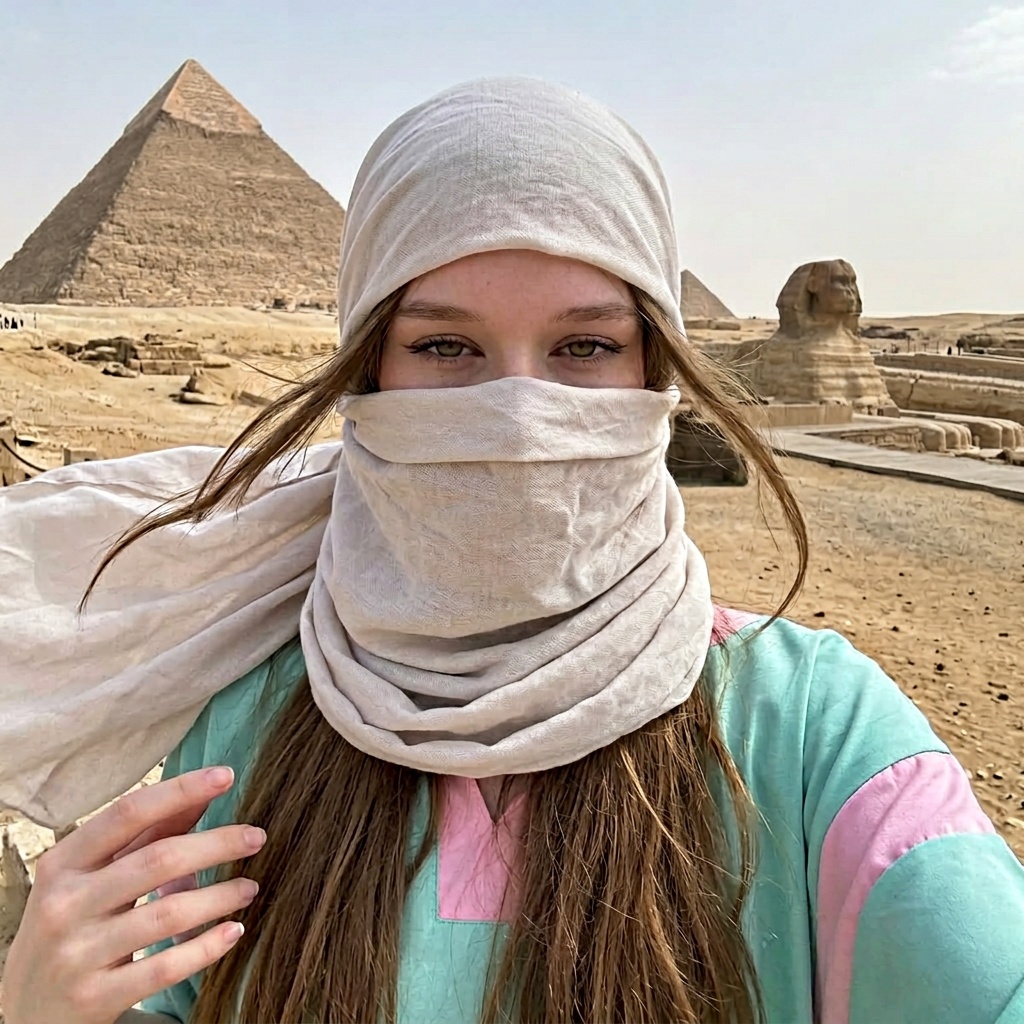 Girl Pyramid Egypt Sphinx Long Hair Scarf Pose