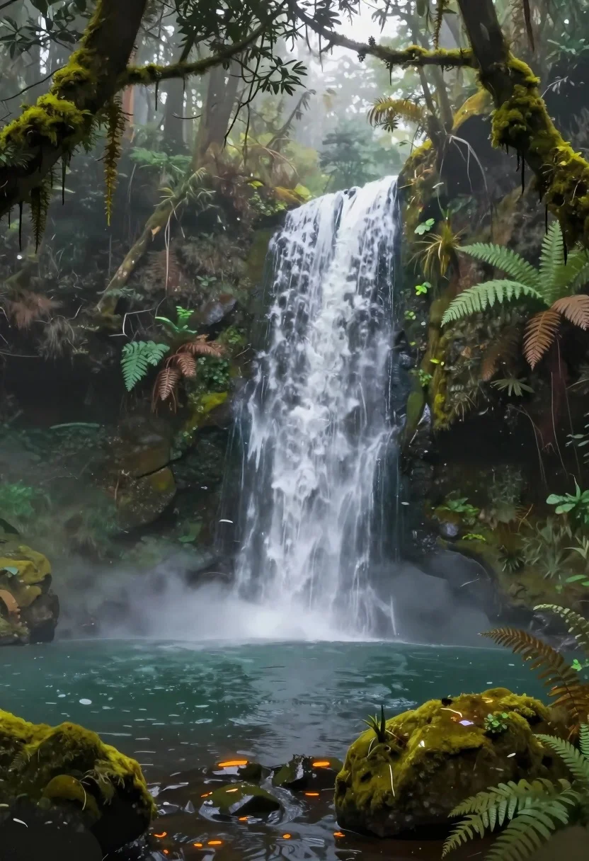 Mystical Waterfall Cascades Into Misty Pool Surrounded Moss-covered Rocks And
