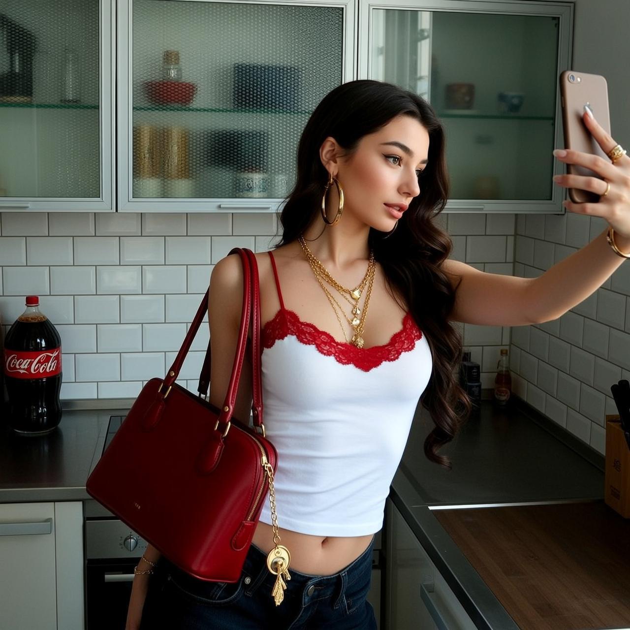 Explore Stands Modern Kitchen Holding Smartphone Her