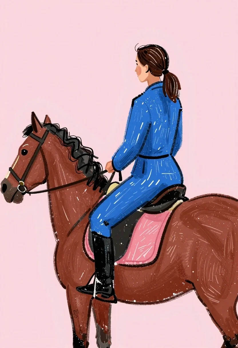 Sketch-style Drawing Woman Riding Horse Against Soft Pink Background Subject reference photo