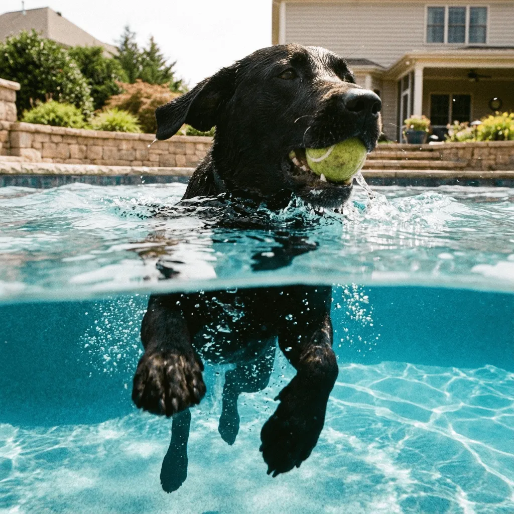 Dog Swimming Pool Over Under Shot Yellow Ball