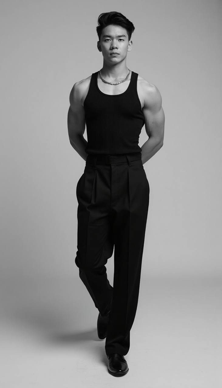Stylish man in sleeveless top and dress pants against gray background, exuding calm confidence.