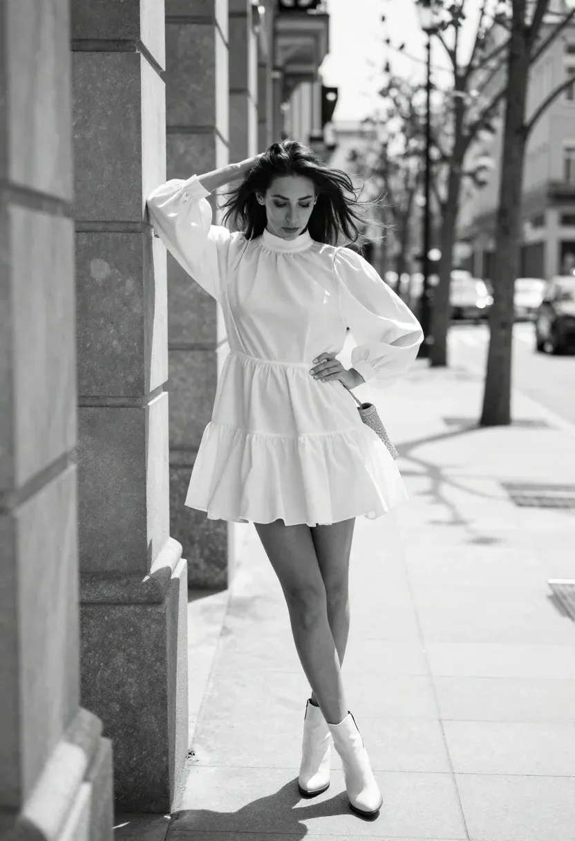 Stylish Woman Stands Leaning Against Stone Pillar City Sidewalk Subject