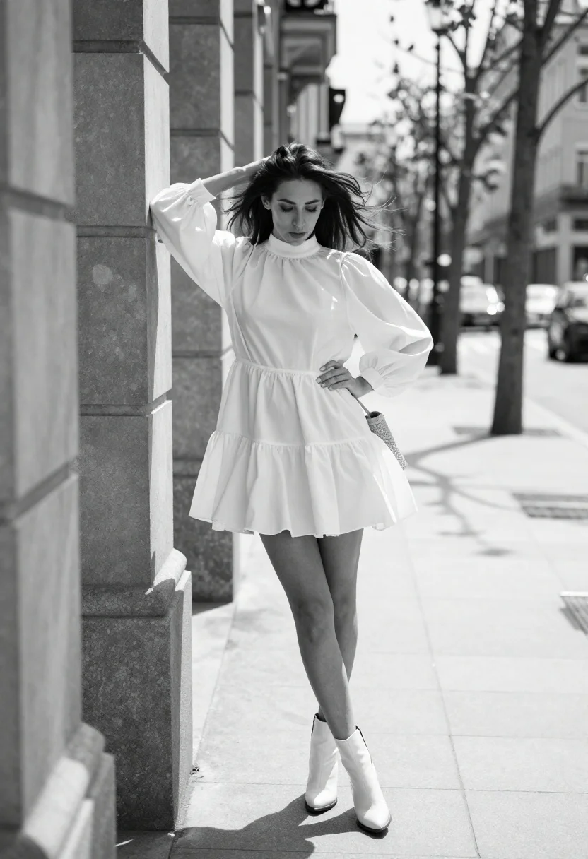 Stylish Woman Stands Leaning Against Stone Pillar City Sidewalk Subject