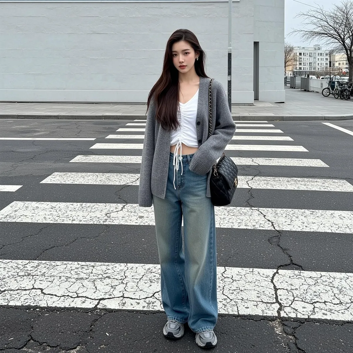 Acubi Stands Centered Pedestrian Crossing Facing Directly