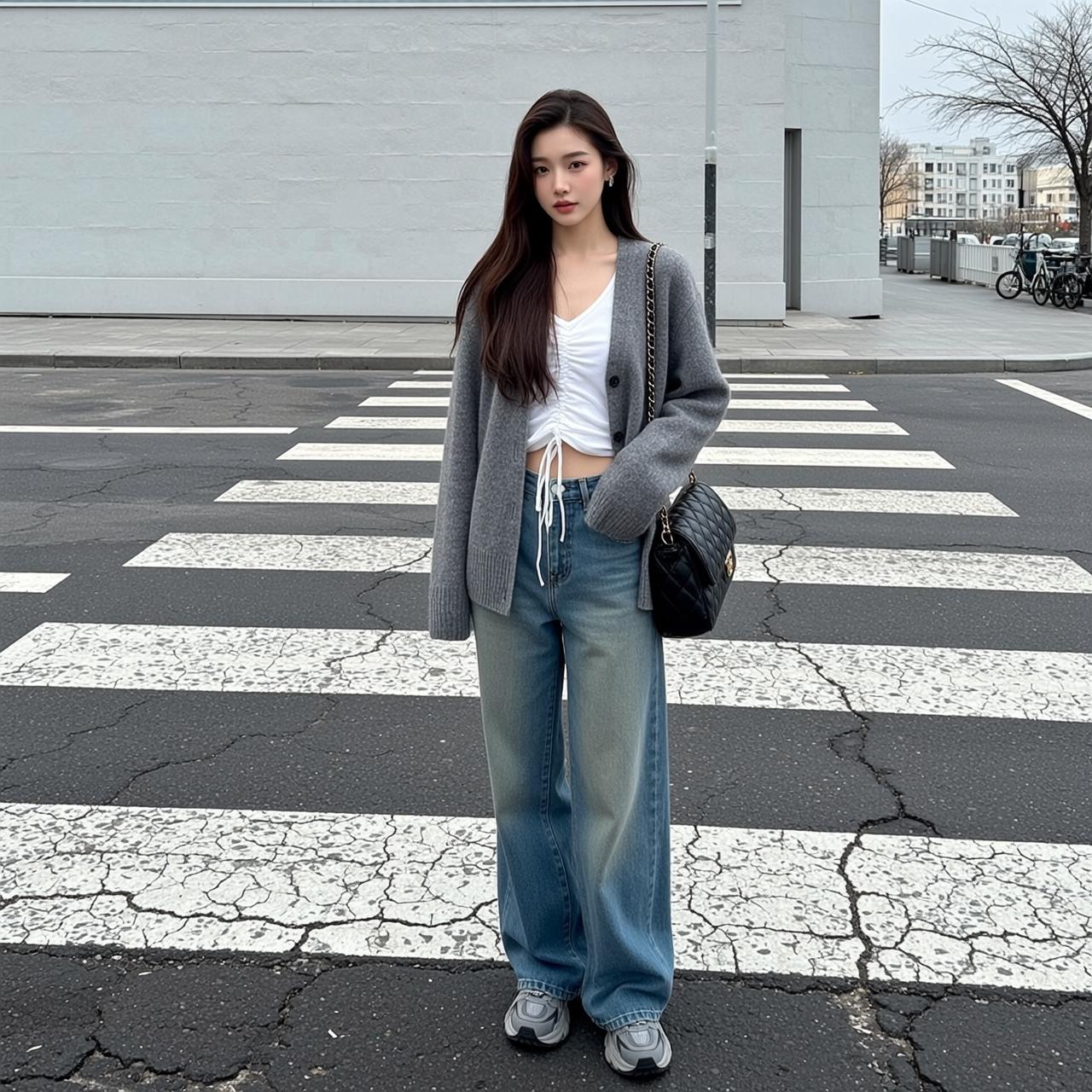 Acubi Stands Centered Pedestrian Crossing Facing Directly