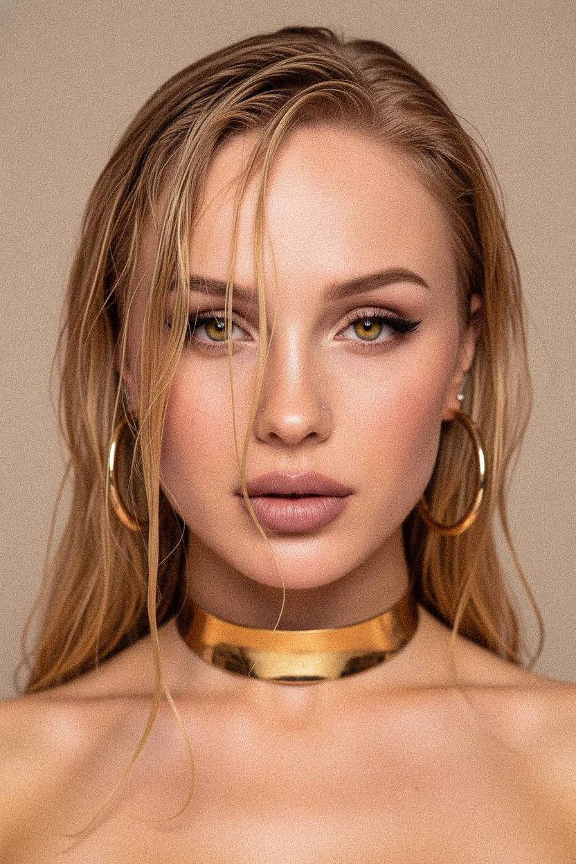 Close-up beauty portrait featuring wet skin, bold cat-eye eyeliner, and mauve lips.