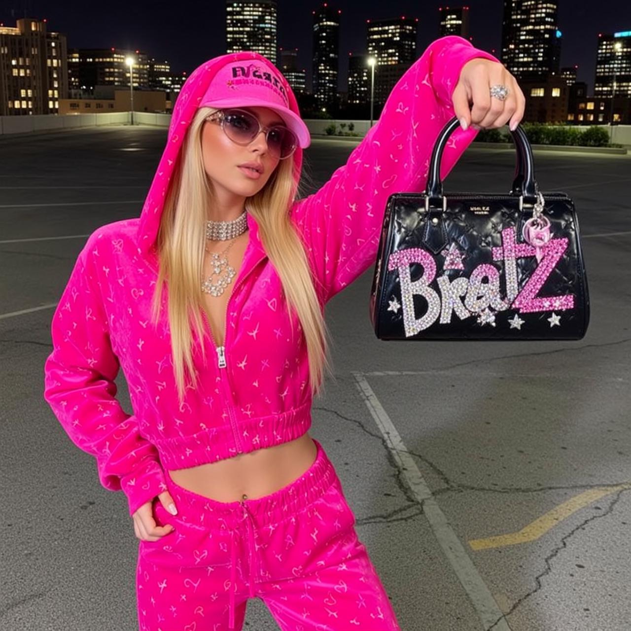 Barbiecore Stands Parking Lot Night Holding Black