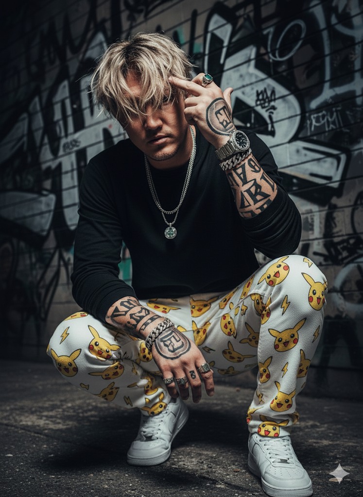 Photorealistic portrait of a middle-aged Asian man in stylish pose against graffiti wall, showcasing tattoos and luxury accessories.