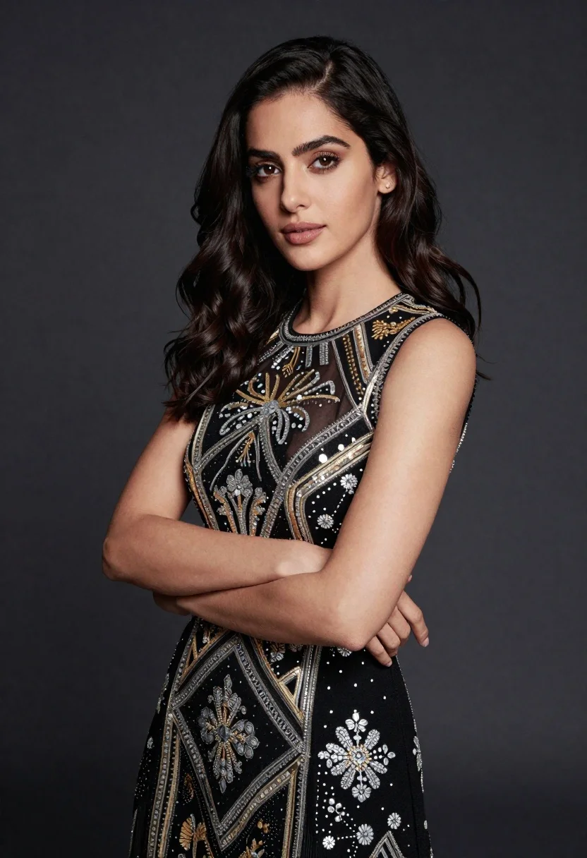 Confident Woman With Long Dark Wavy Hair Stands Against Plain reference photo