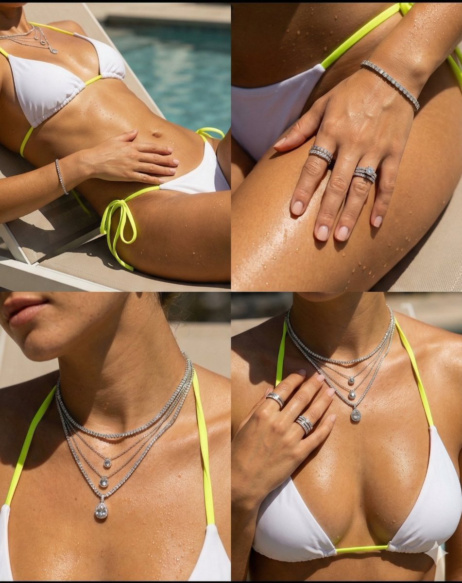 A slim woman in a white bikini lounges by a pool, showcasing sparkling diamond jewelry with sunlight reflecting off her skin.