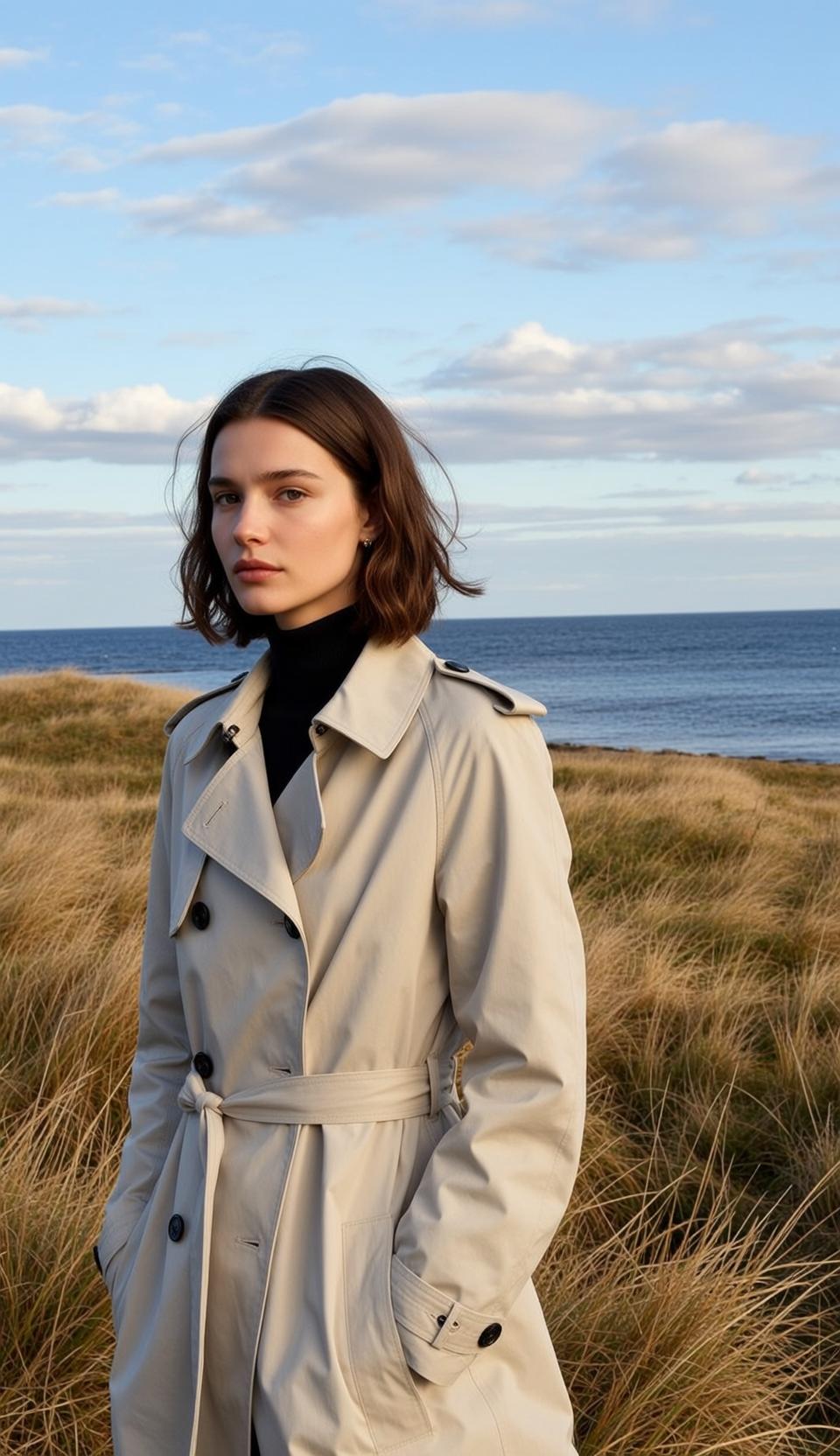 Woman Coastline Beige Trench Coat Hands Pockets
