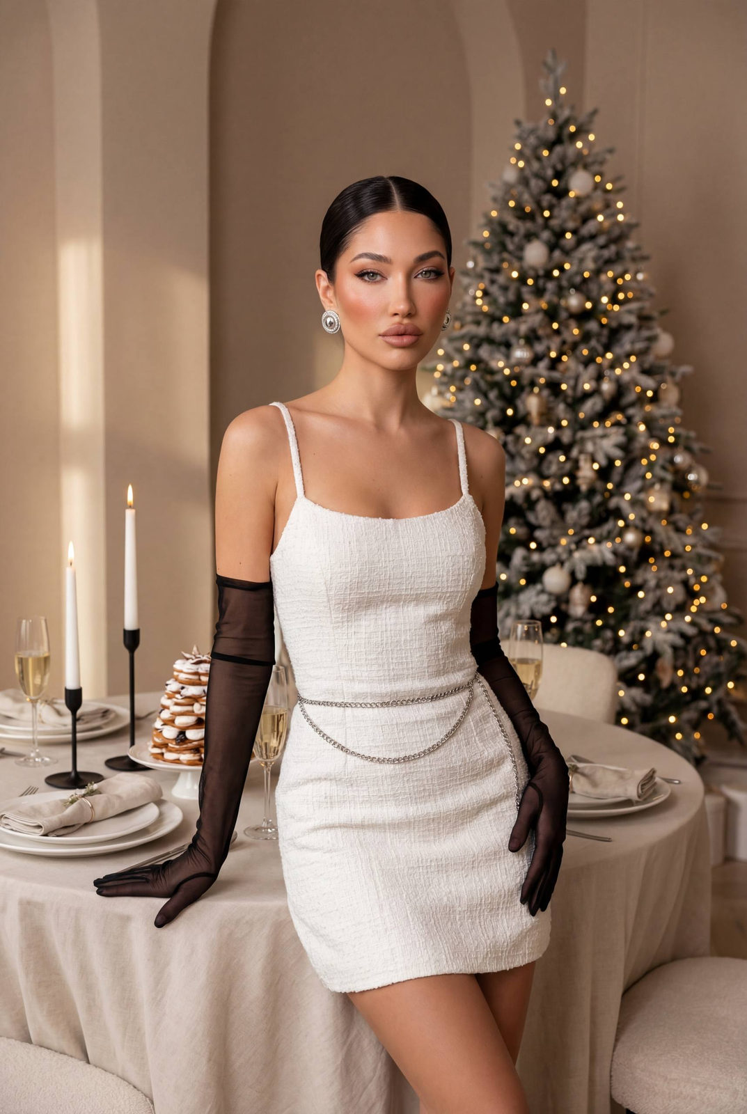 A woman in a fitted white tweed mini dress standing by a luxurious round dining table, calm gaze, warm fairy lights and Christmas tree in the background.