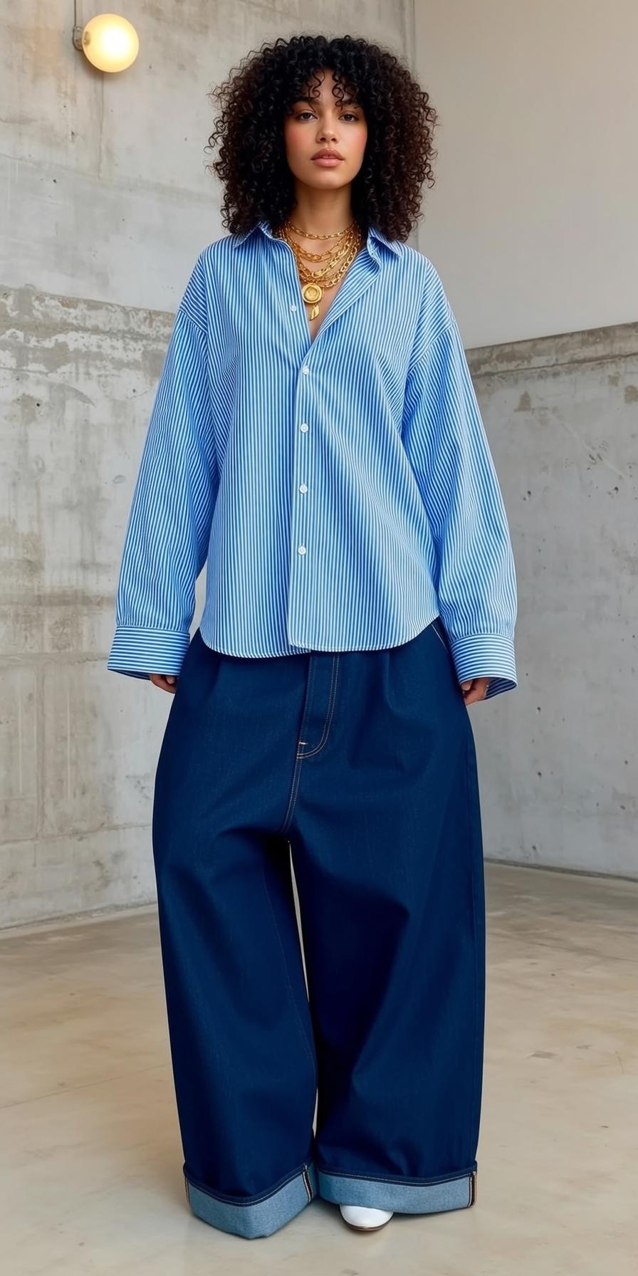 Studio Standing Blue Stripes Jeans Gold Chains
