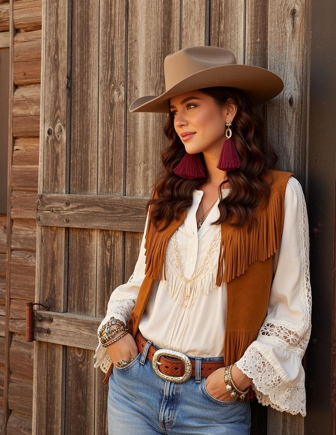 Cowgirl Leaning Against Weathered Wooden Wall Her