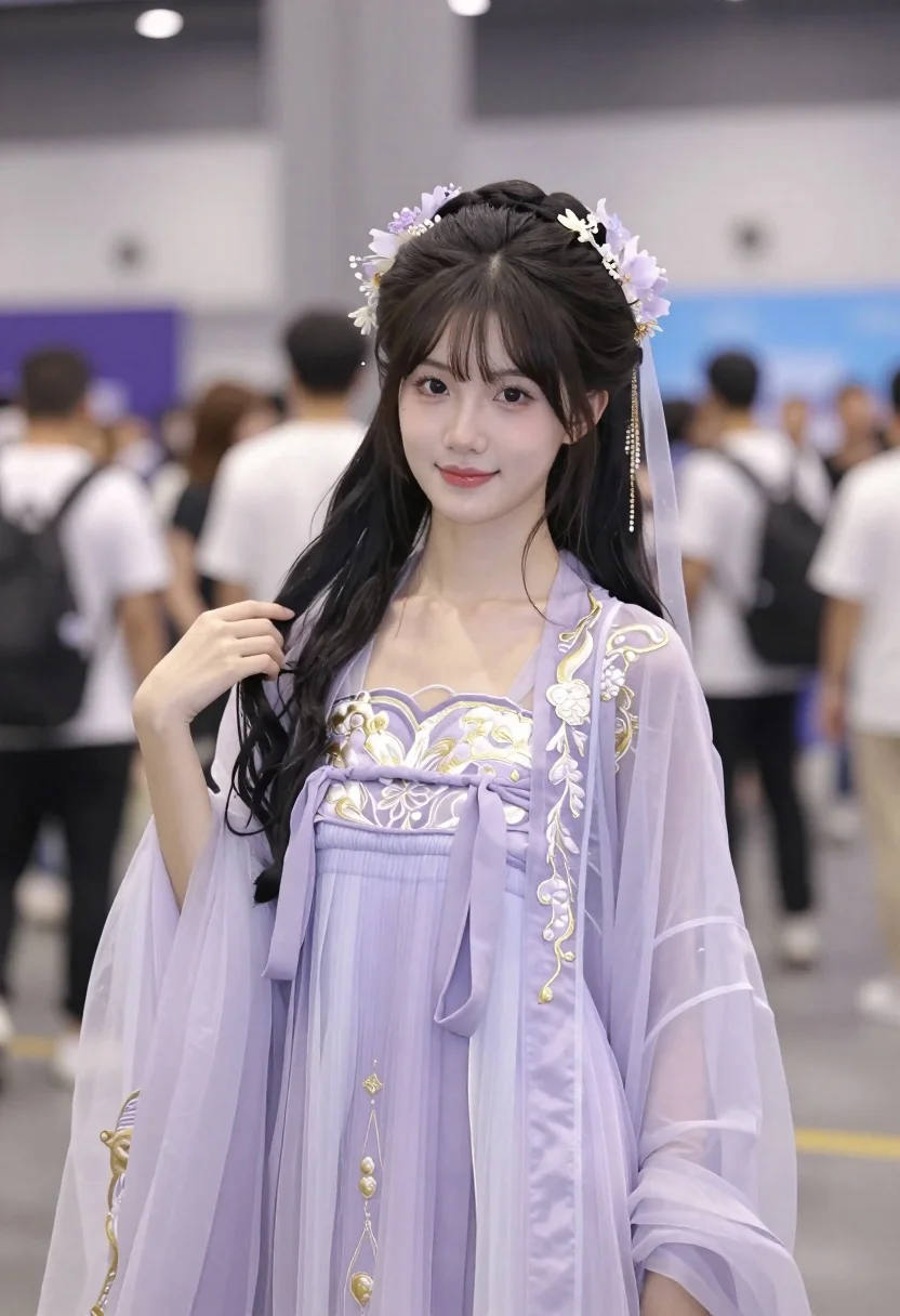 A young woman with a gentle smile stands in an elaborate light purple traditional costume, sharp focus against a blurred crowd background.