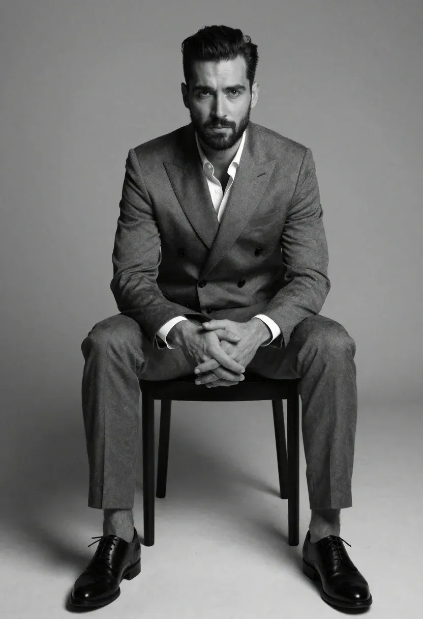 Black And White Studio Portrait Man Sitting Chair Against Plain