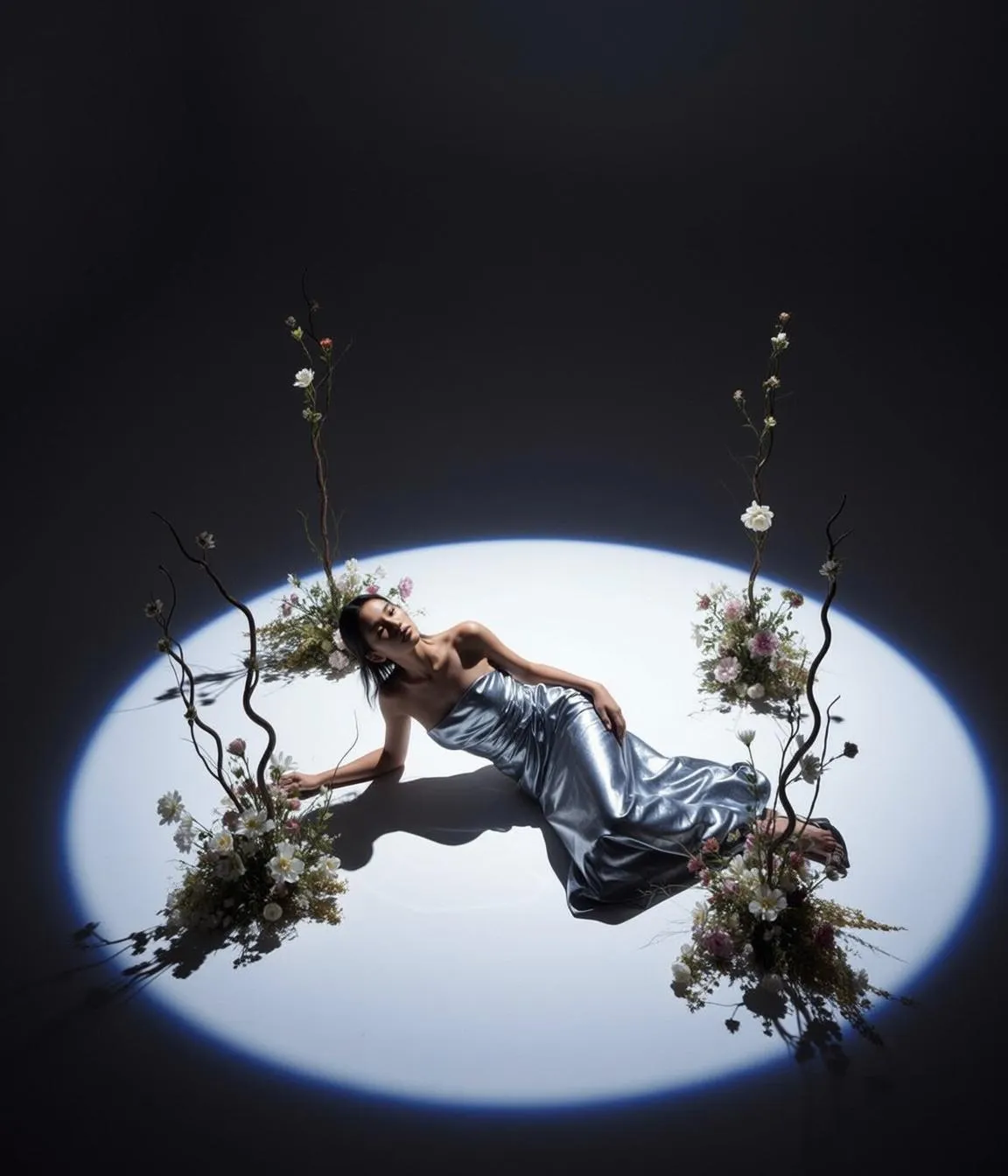 Silver Gown Spotlight Reclining Pose