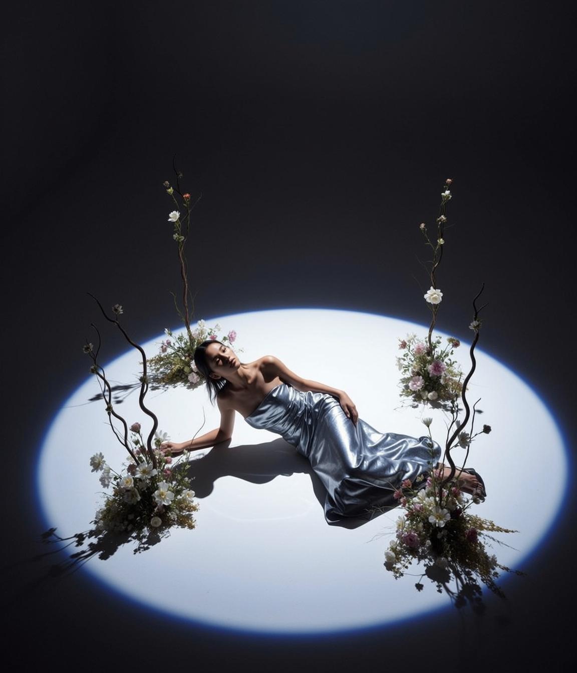 Silver Gown Spotlight Reclining Pose