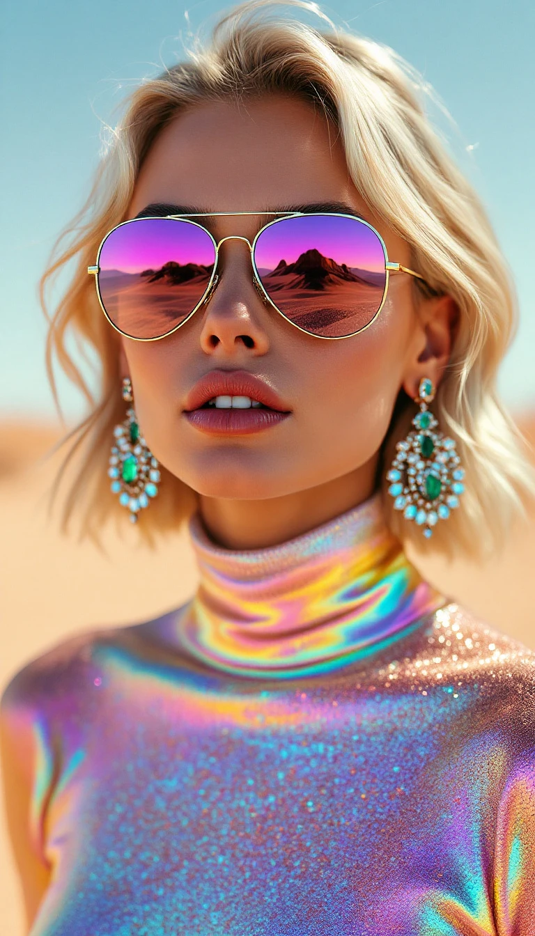 A woman with light skin and blonde hair in an iridescent outfit against a desert backdrop, wearing sunglasses and statement earrings.