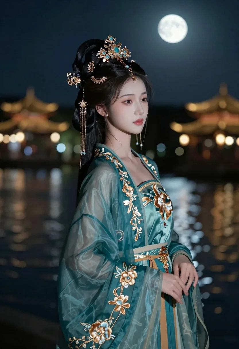 Graceful Woman Traditional Chinese Attire Stands Moonlit Waterfront Night Subject