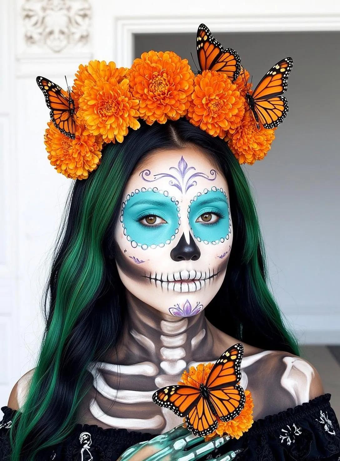 Halloween Makeup Skull Long Wavy Black Green