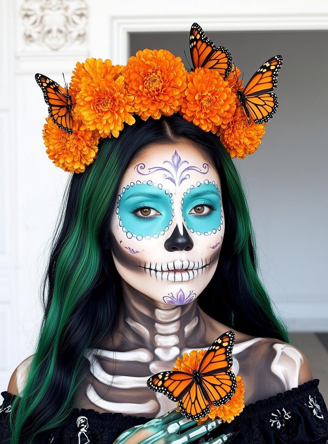 Halloween Makeup Skull Long Wavy Black Green