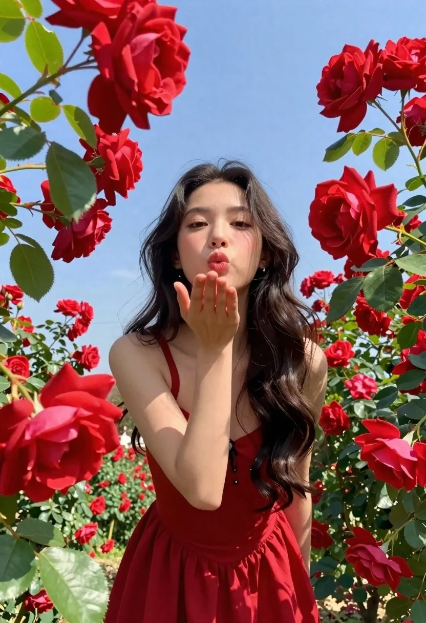 Young Woman With Long Dark Wavy Hair Stands Vibrant Rose