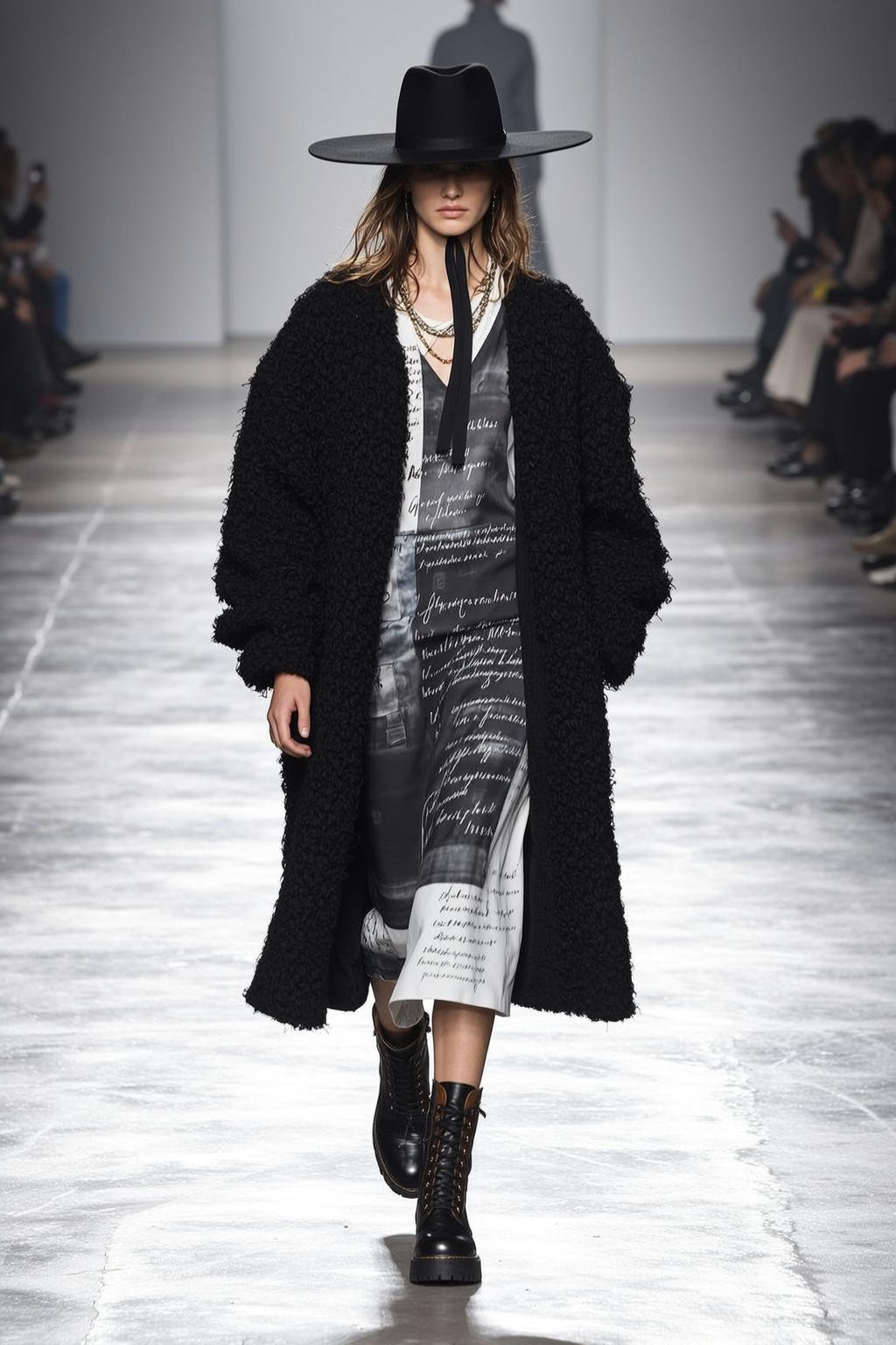 Fashion Model Runway Walk Black Hat Midi Dress