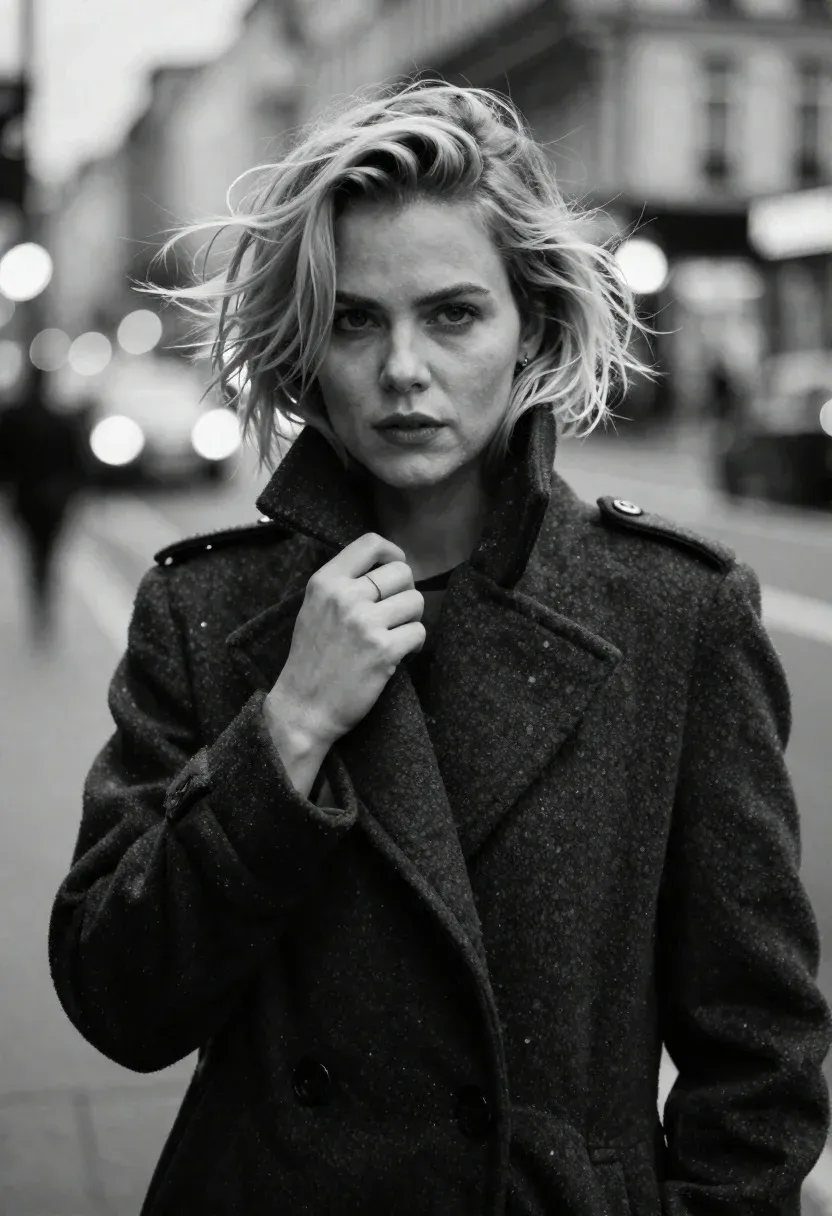 Monochrome Portrait Woman With Tousled Blonde Hair Gazing Directly The