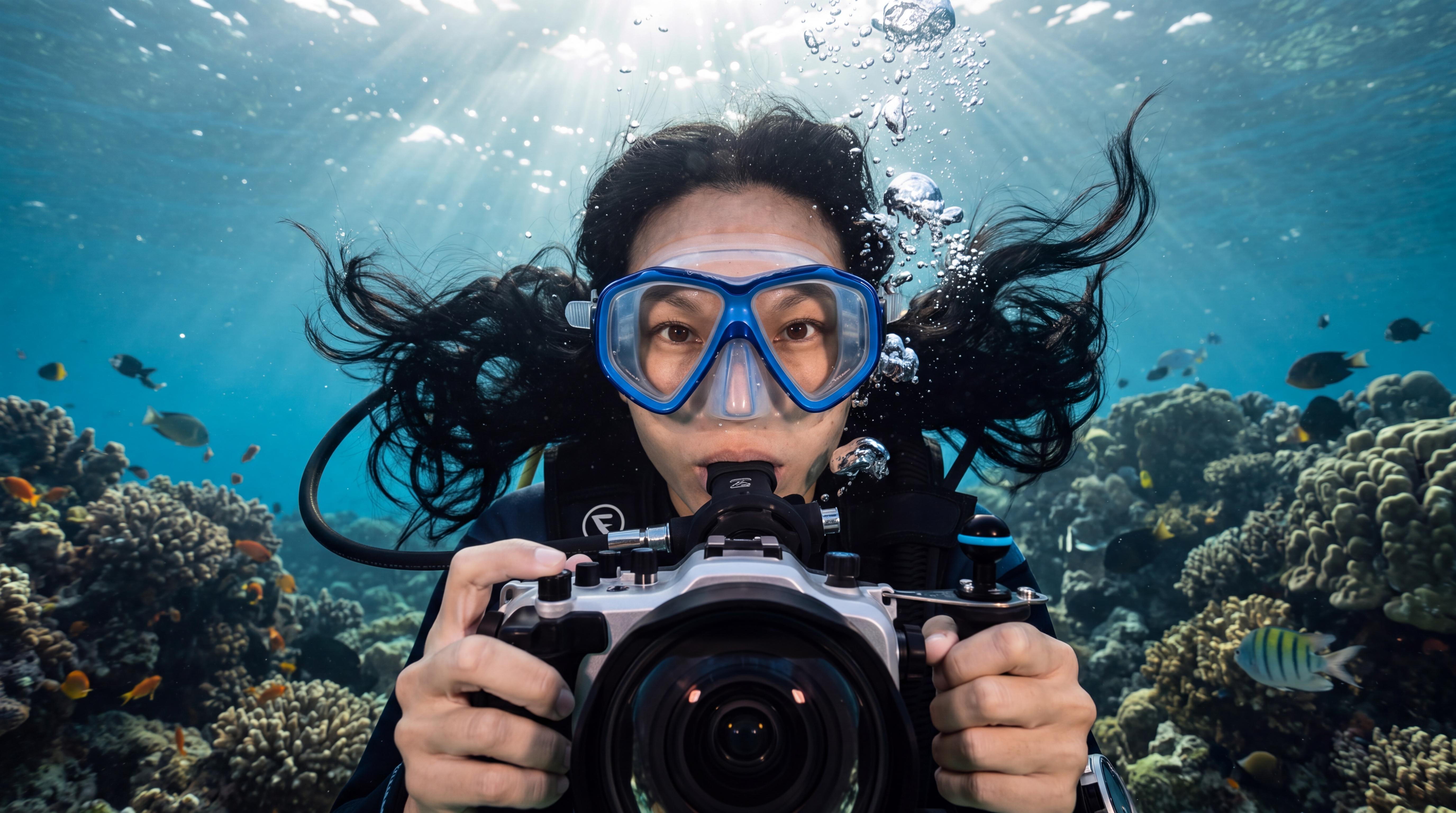 Scuba Diver With Camera Underwater Coral Reef