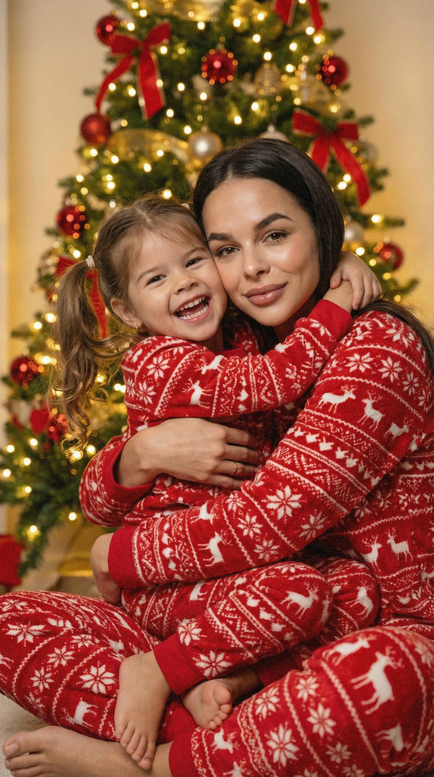 A joyful Christmas portrait of a mother and child in matching red pajamas, surrounded by a beautifully lit Christmas tree in a cozy living room.
