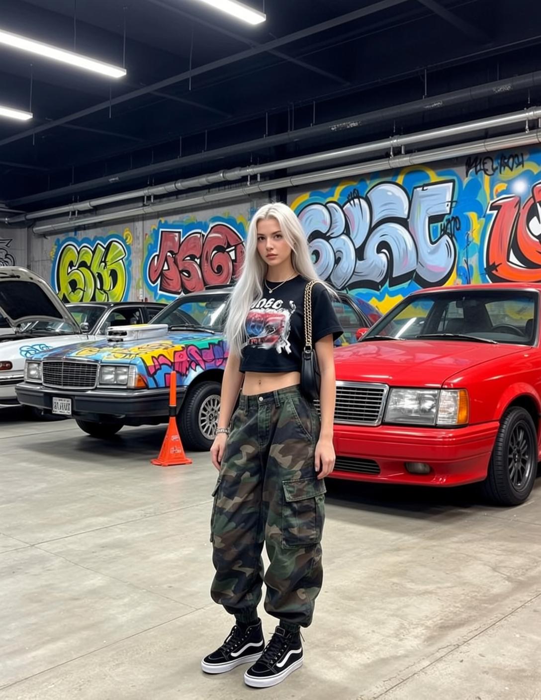 Graffiti Garage Platinum Blonde Woman Red Car