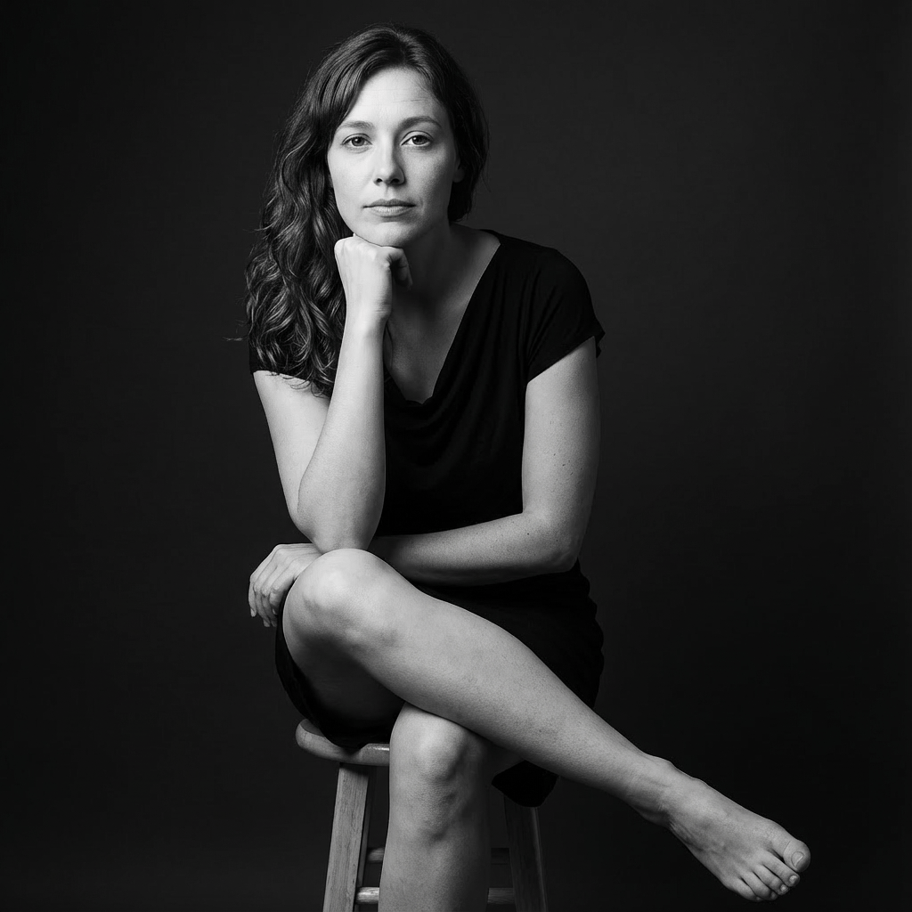 Elegant black and white portrait of a seated subject on a wooden stool with a minimalist dress and soft waves.
