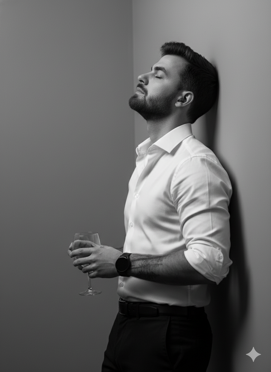 Um retrato cinematográfico em preto e branco de perfil, com iluminação dramática realçando os contornos do rosto e uma camisa branca ajustada.