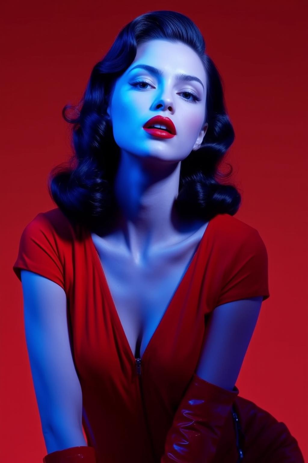Vintage Woman Red Dress Blue Red Light