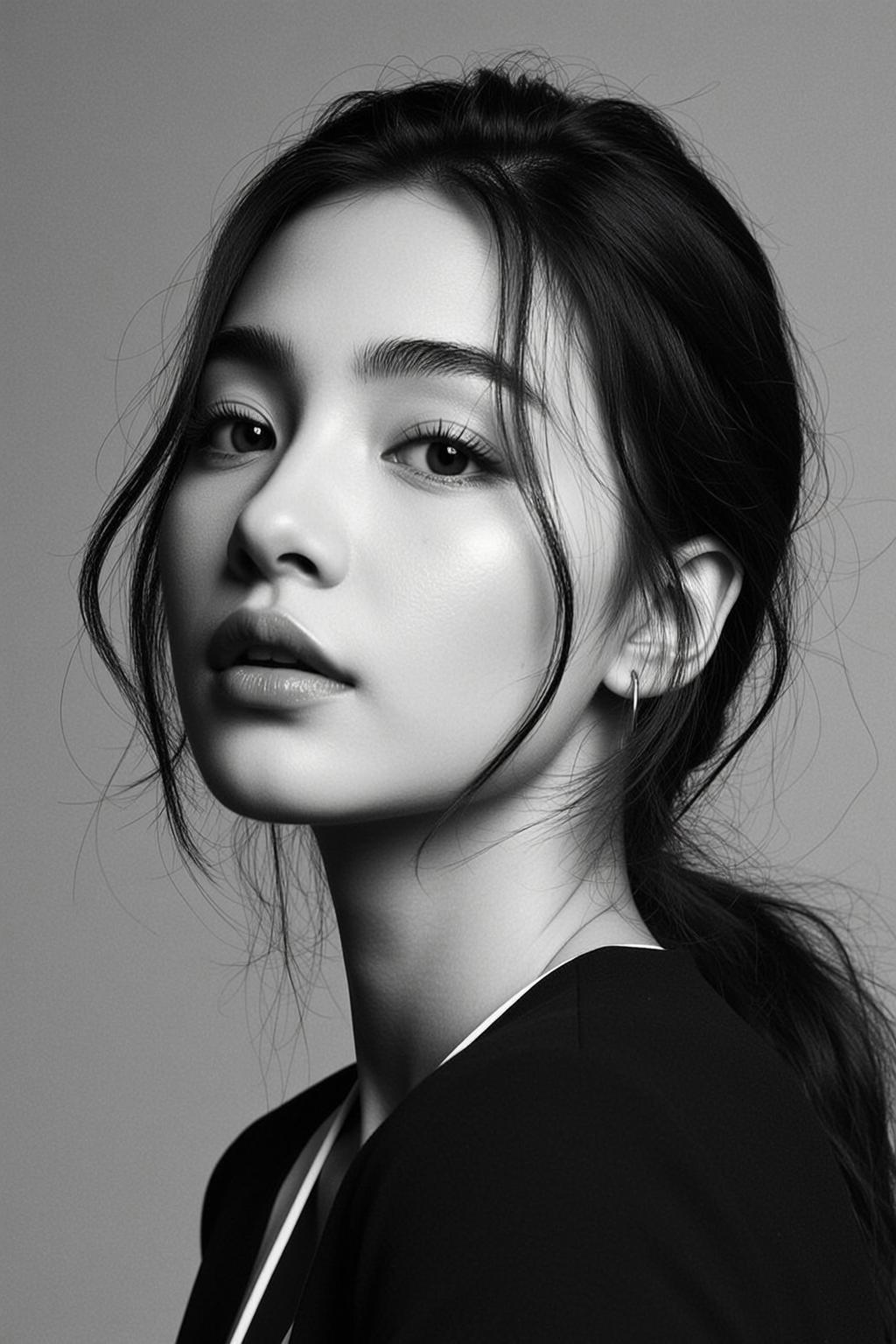 Photorealistic Black And White Medium Close-up Portrait Young Woman With