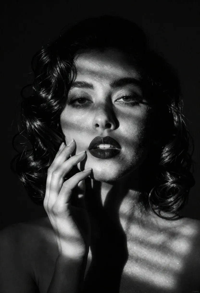 Dramatic Black And White Studio Portrait Woman With Dark Wavy