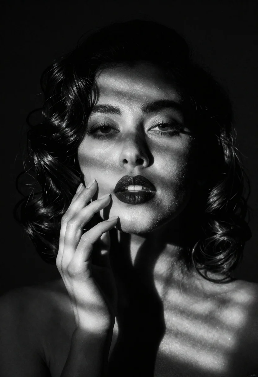 Dramatic Black And White Studio Portrait Woman With Dark Wavy reference photo