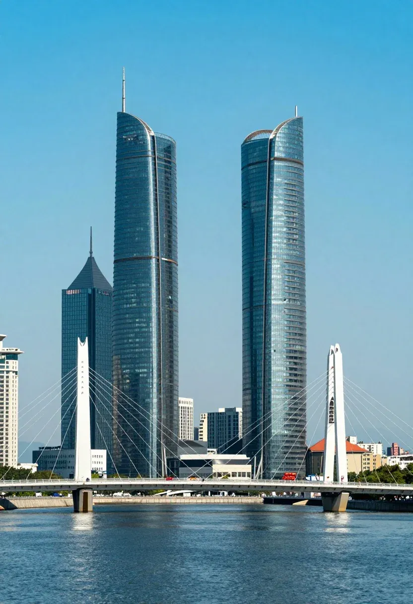 Striking Urban Landscape Featuring Two Towering Curved Skyscrapers With Spires