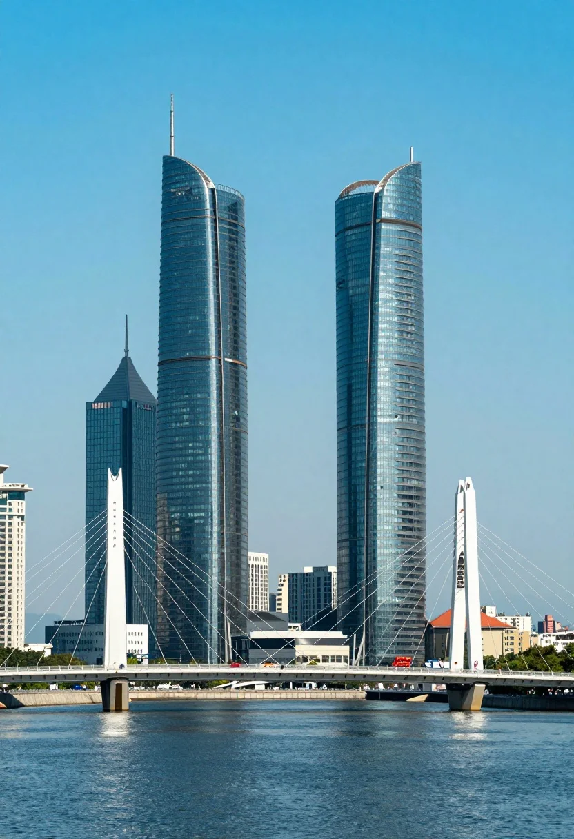 A majestic urban landscape featuring two towering skyscrapers with curved glass facades and sharp spires, set against a calm blue water and bright sky.